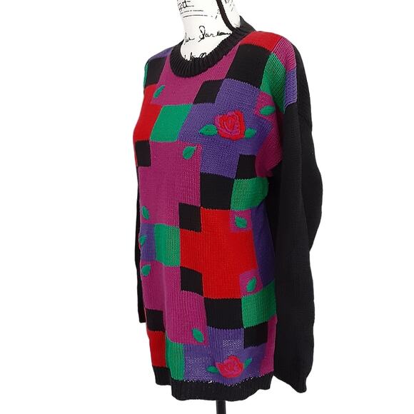 Vintage 1980s Color Block Rosette Art Deco Crewneck Tunic Sweater Shoulder Pads - Picture 2 of 9